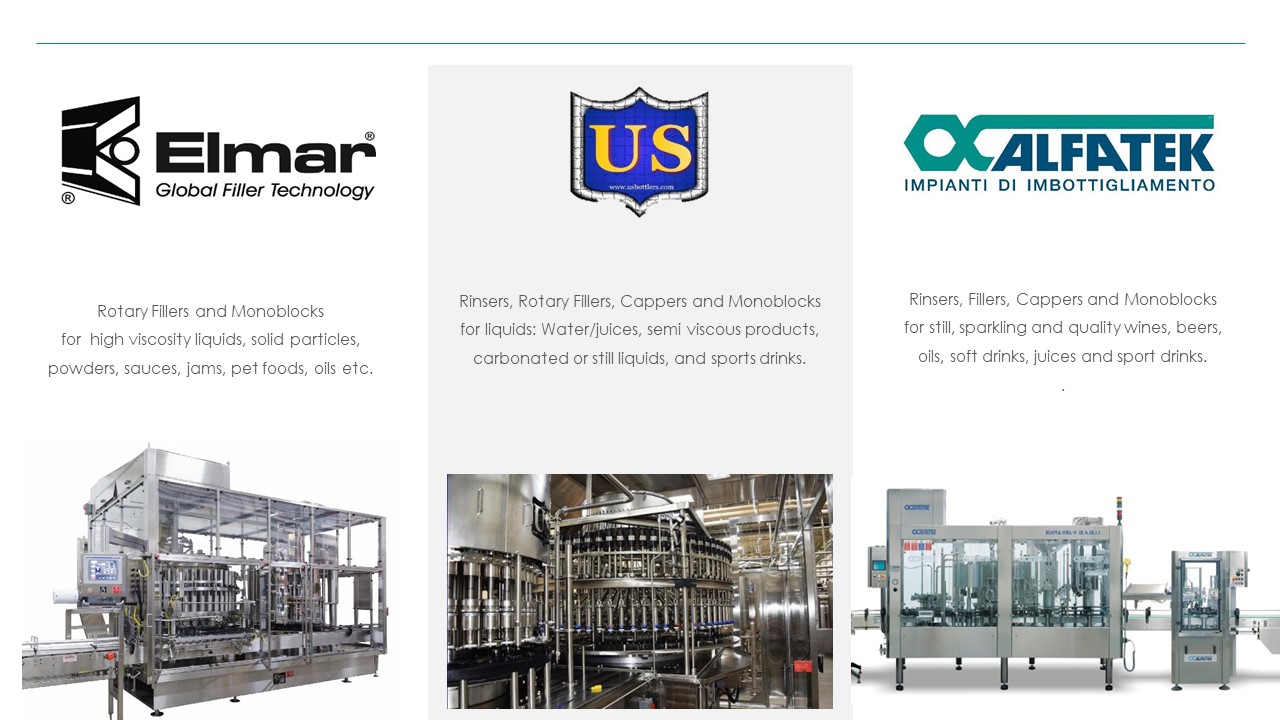 Our Partner Brands 1: Elmar gloabal filler Technology, US, Alfatek Impianti di imbottigliamento